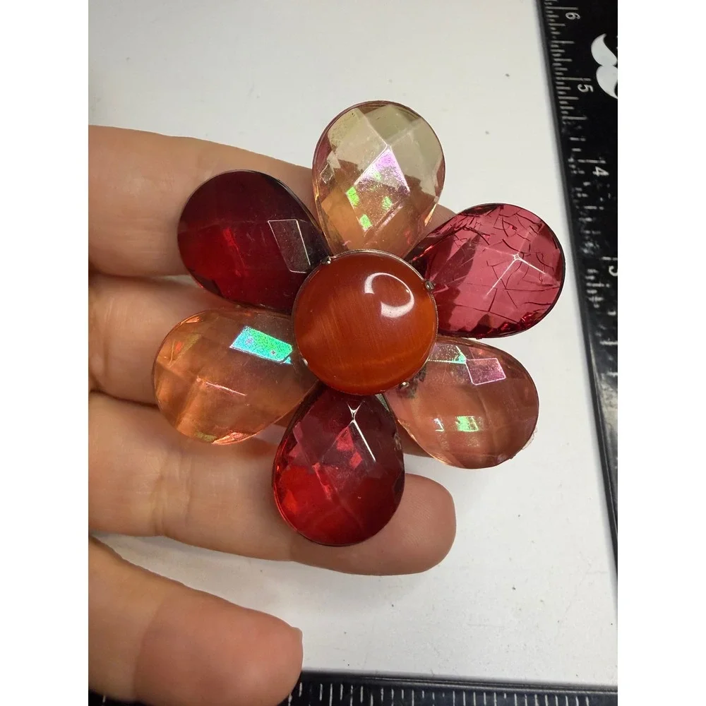 Large Red Pink Flower Brooch Faceted Iridescent Petals Statement Pin 2.75 Inch